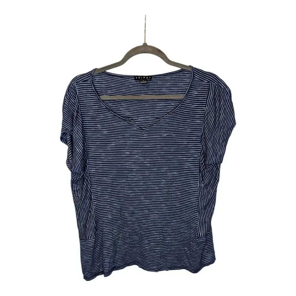 Tribal Short Sleeve Striped Blue and White Scoop Neck Blouse Women's Large